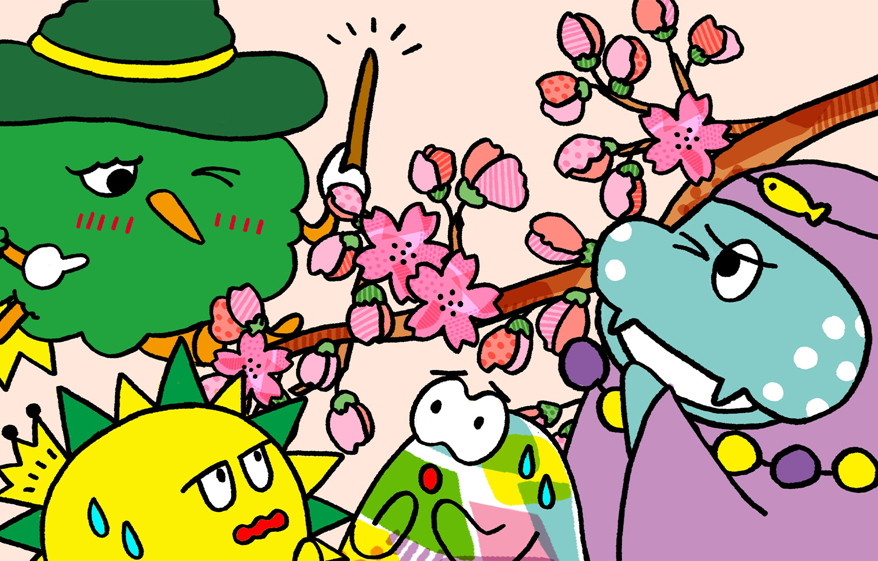 少し咲いた桜に「まほうを使っちゃう？」とウィザーがみんなにおどけて言っている。驚くなかまたち。